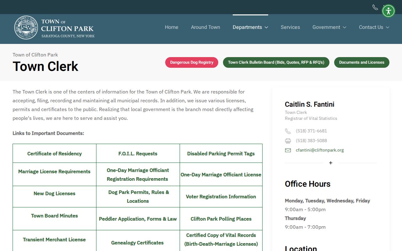 Clifton Park residents directory Town Clerk and registrar information