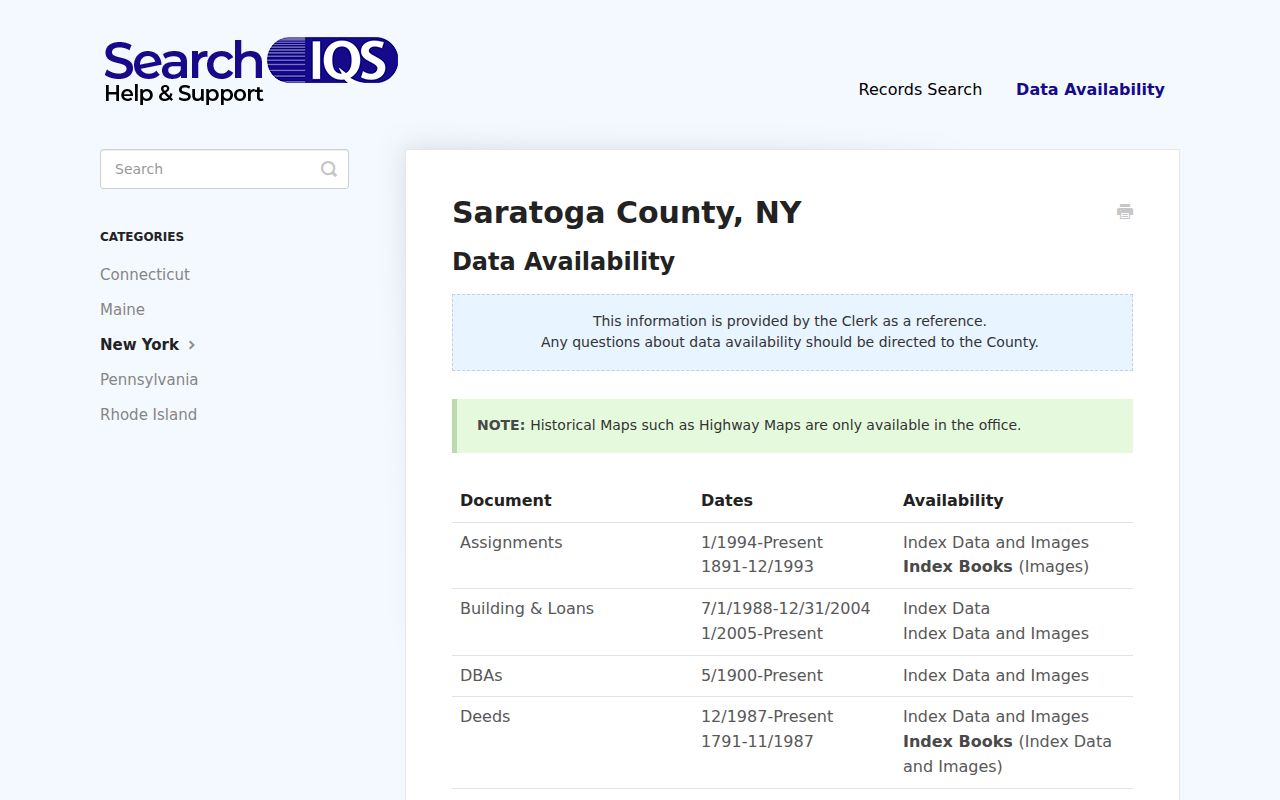 Clifton Park previous residents SearchIQS deed coverage and index-book cutoff