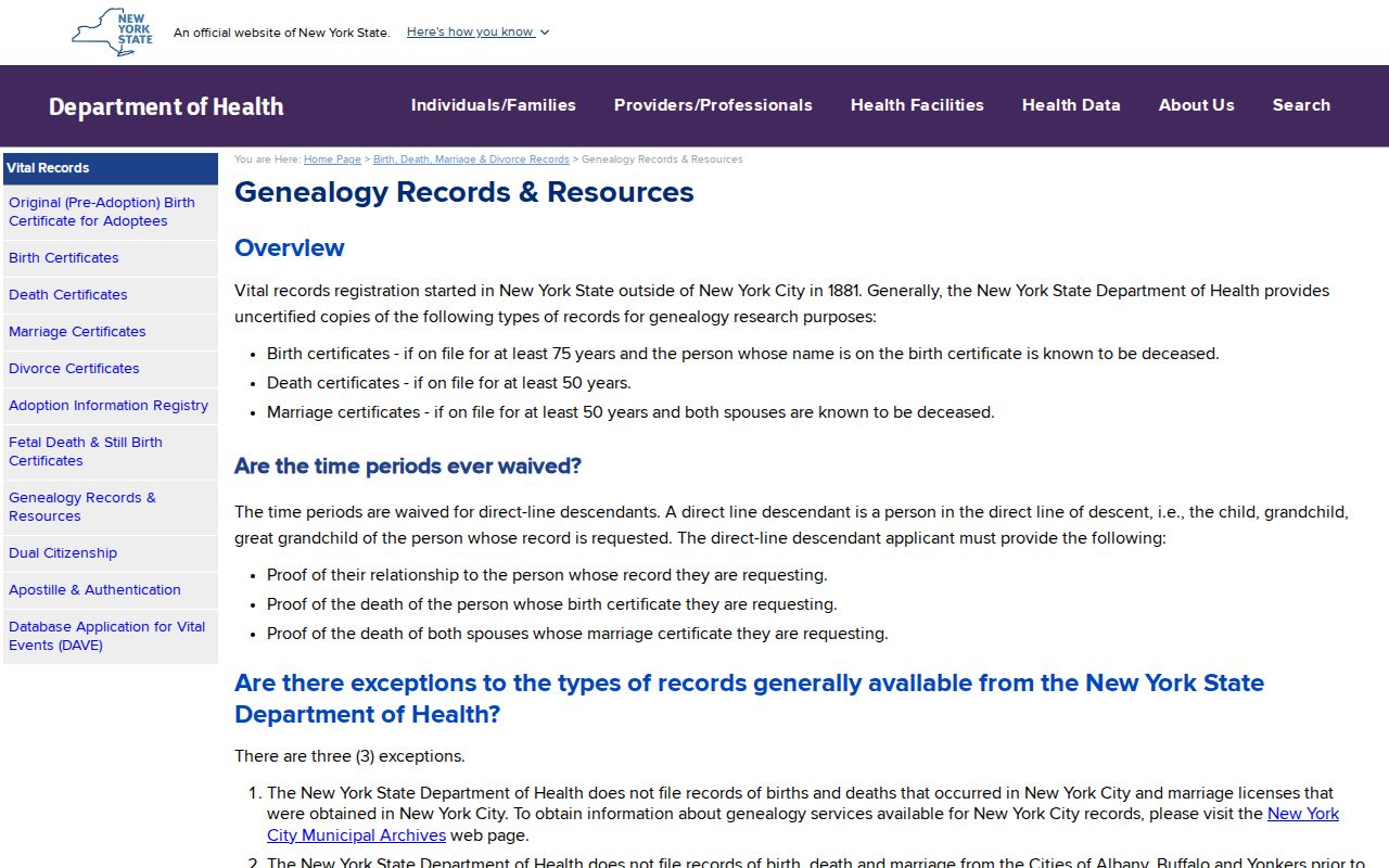 Clifton Park resident lookup New York vital genealogy record requirements